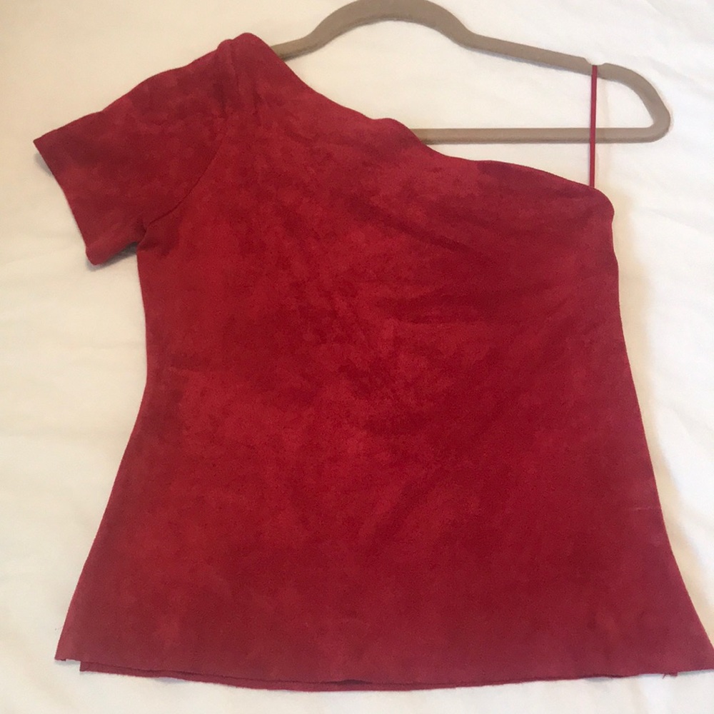 Olivaceous Suede Red Fitted One-Shoulder Top